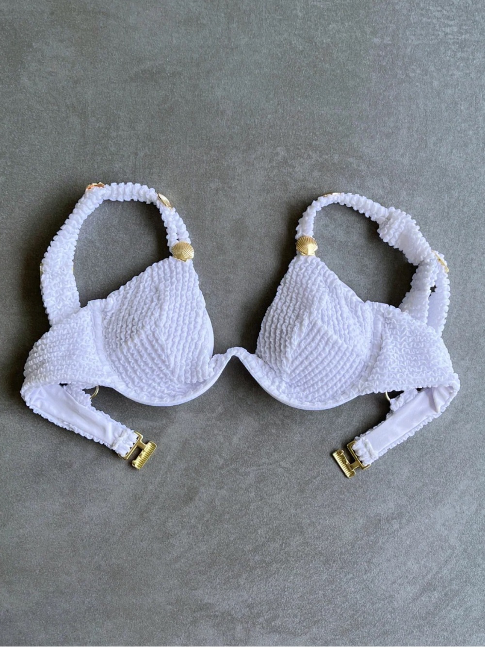 White Textured Bikini Top Gold Accents Seashells